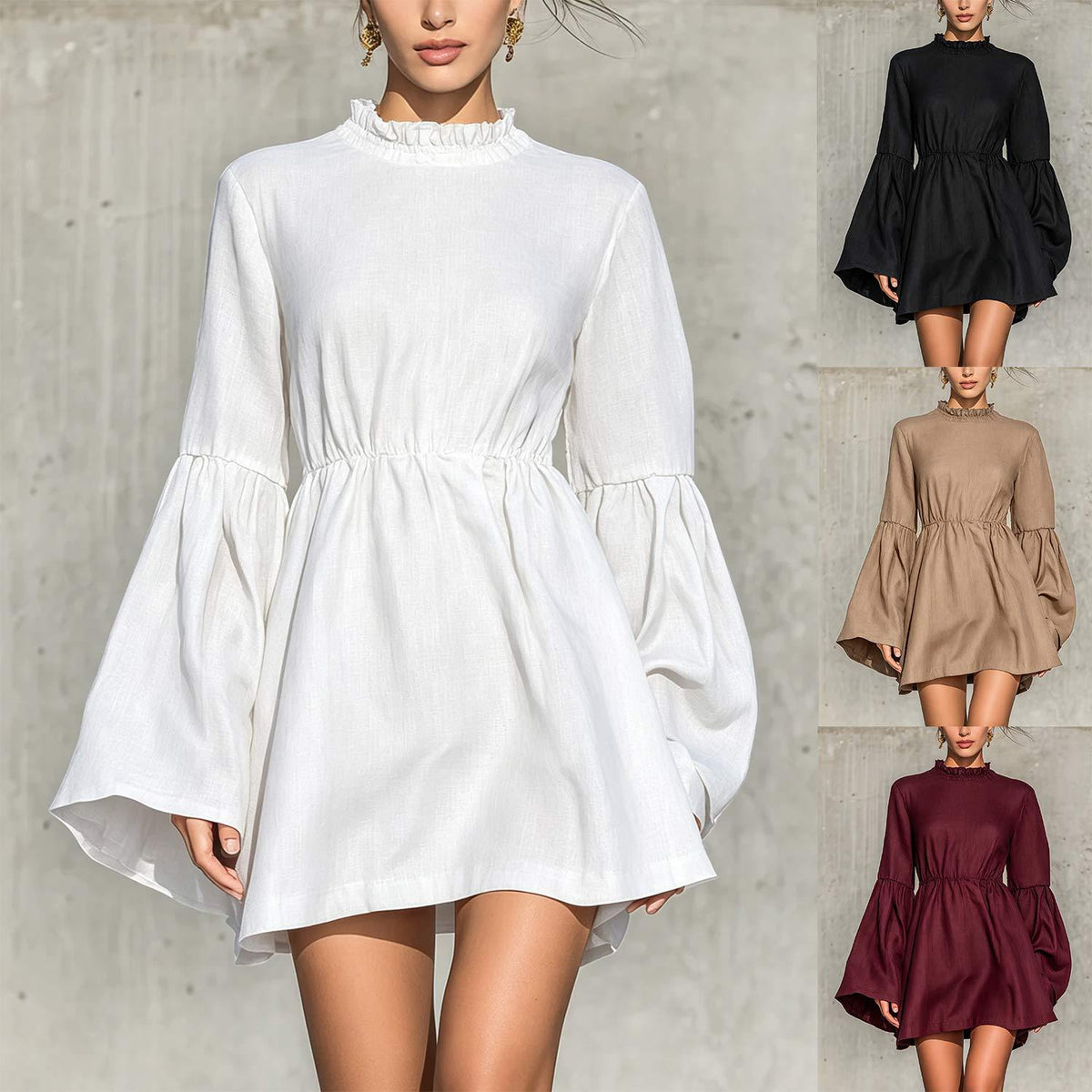 Womens French-style Ruffled-neck Waist-cinched Dress with Flared Sleeves