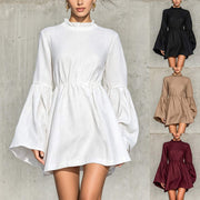 Womens French-style Ruffled-neck Waist-cinched Dress with Flared Sleeves