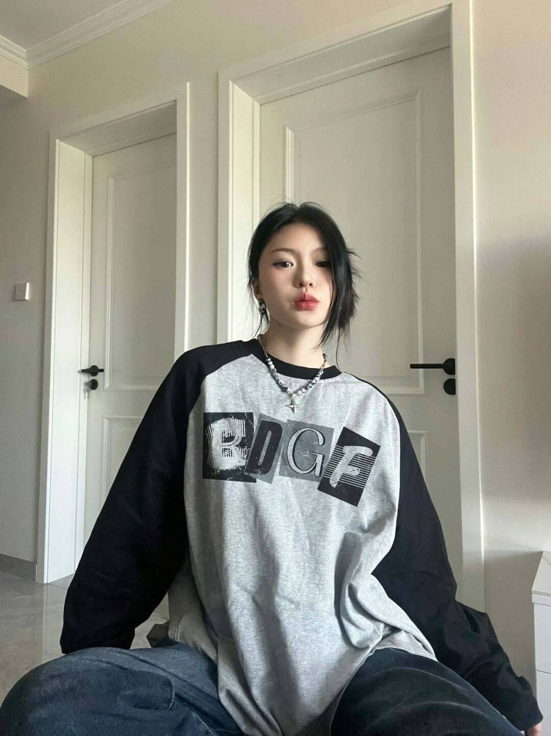 Oversized American-Style Long-Sleeve Black & Gray Tee
