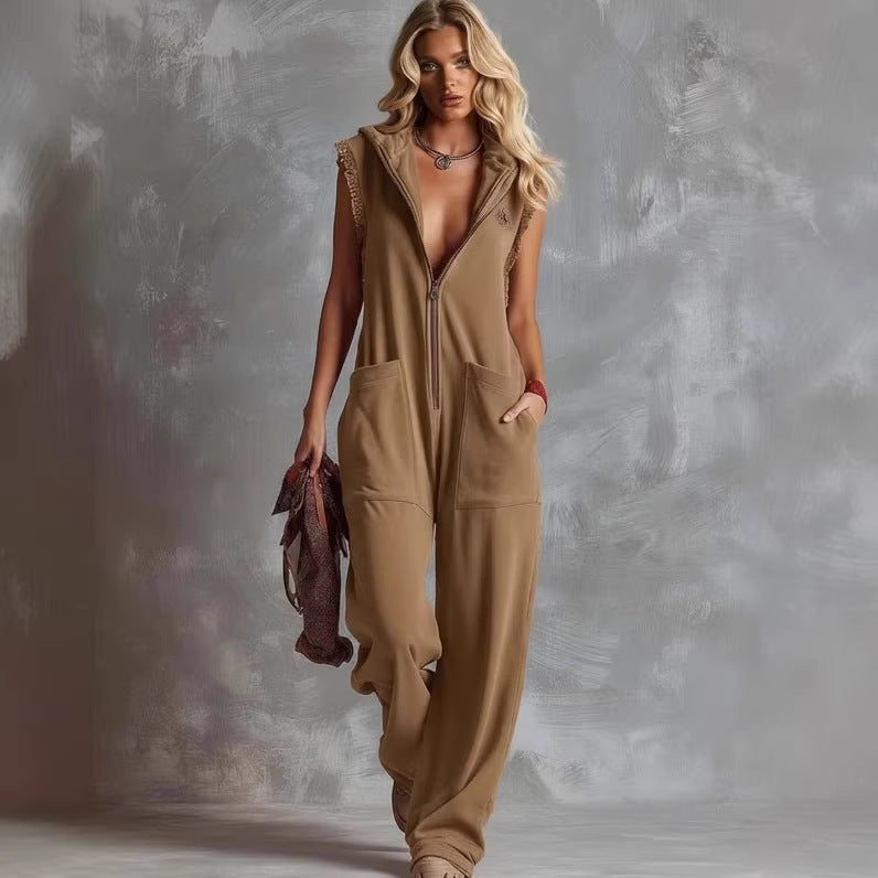 Women's Retro Hooded Zip-Up Casual Jumpsuit