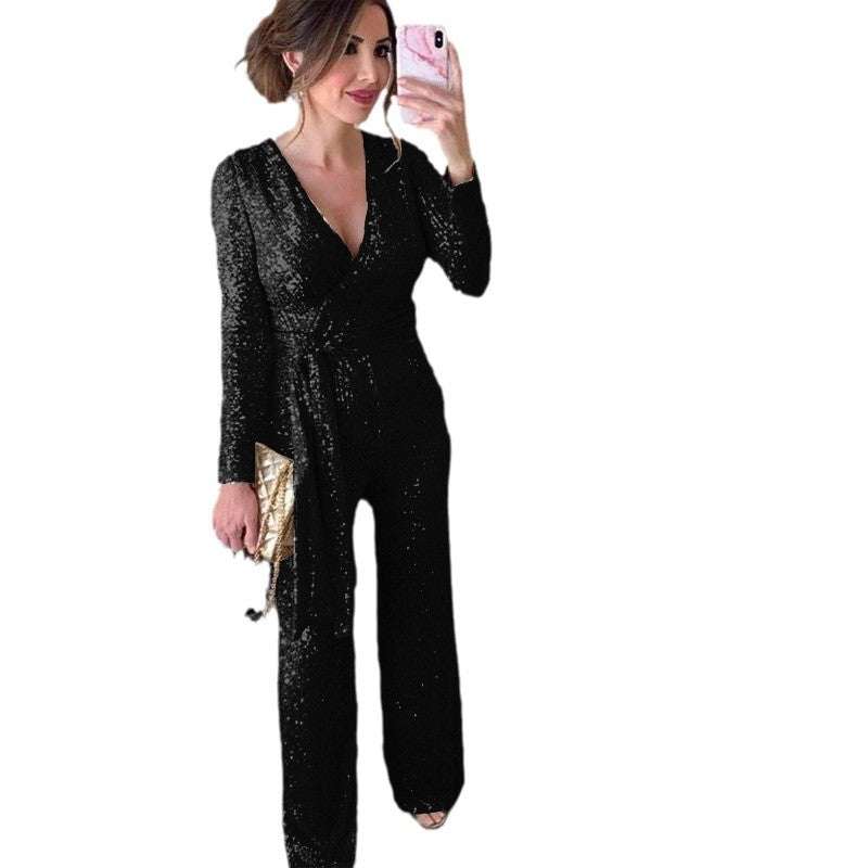 Sparkly V-Neck Beaded Waist-Cinched Jumpsuit