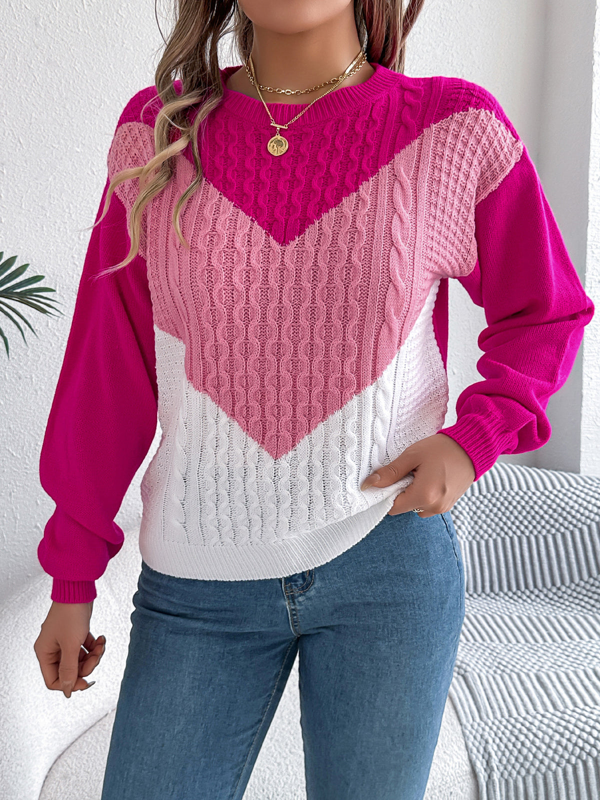 Women Casual Color Block Cable Knit Lantern Sleeve Pullover Sweater