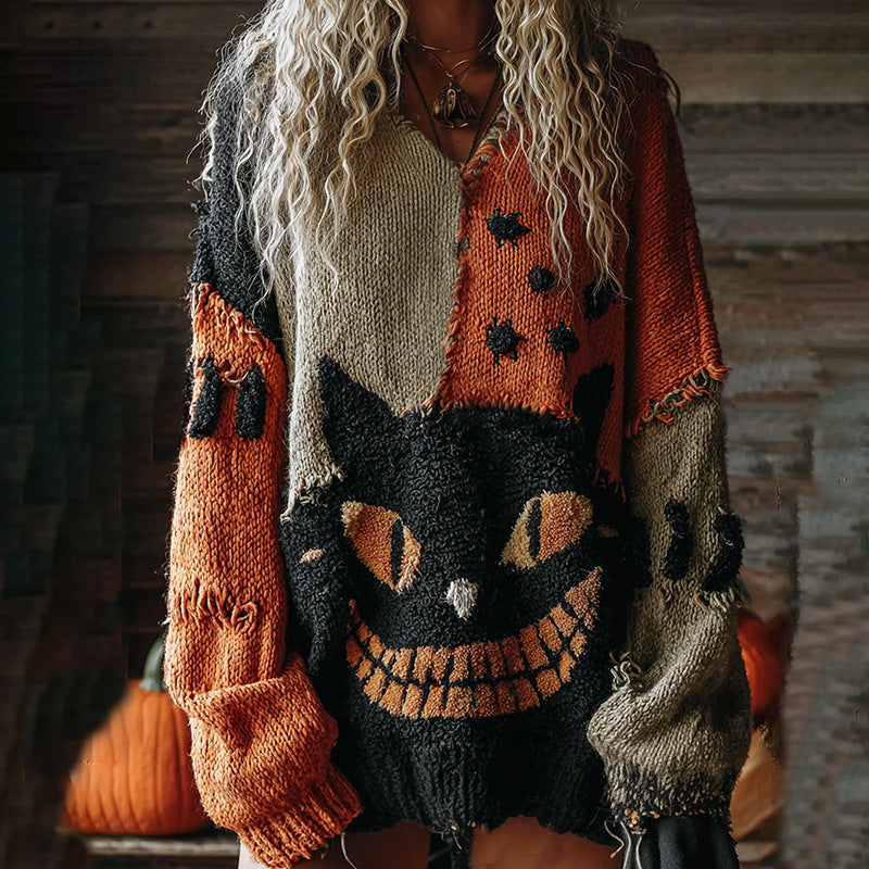 Relaxed Loose-fitting V-neck Pullover with Heavy-duty Print High-end Style