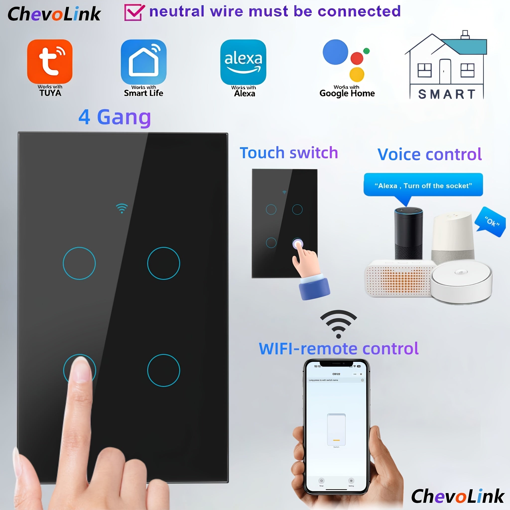 Black Smart Wi‑Fi Touch Light Wall Switch, Tempered Glass Panel, 1‑4 Channel Options, Requires Neutral Wire, 100‑240 V