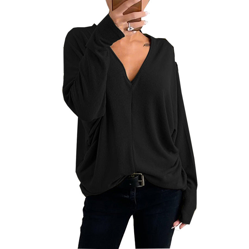 Women's Loose V-Neck Long-Sleeve Casual Pullover Tee