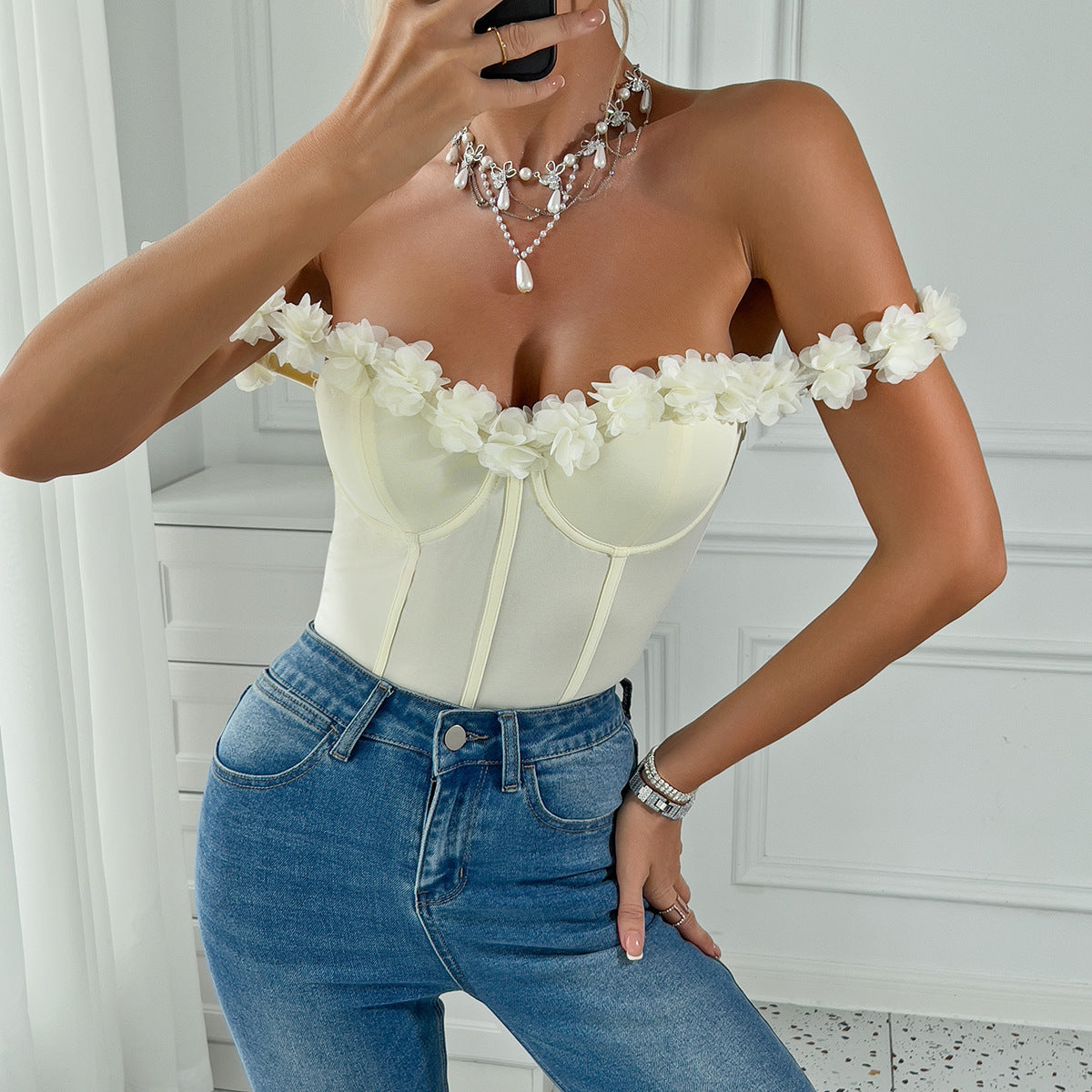 Floral 3D Off-Shoulder Romper Jumpsuit