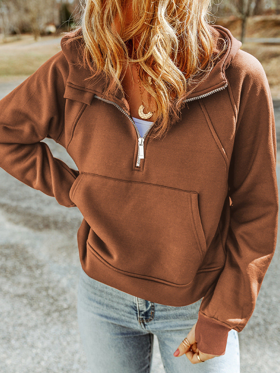 Women's Casual Solid Zipper Hooded Long Sleeve Top