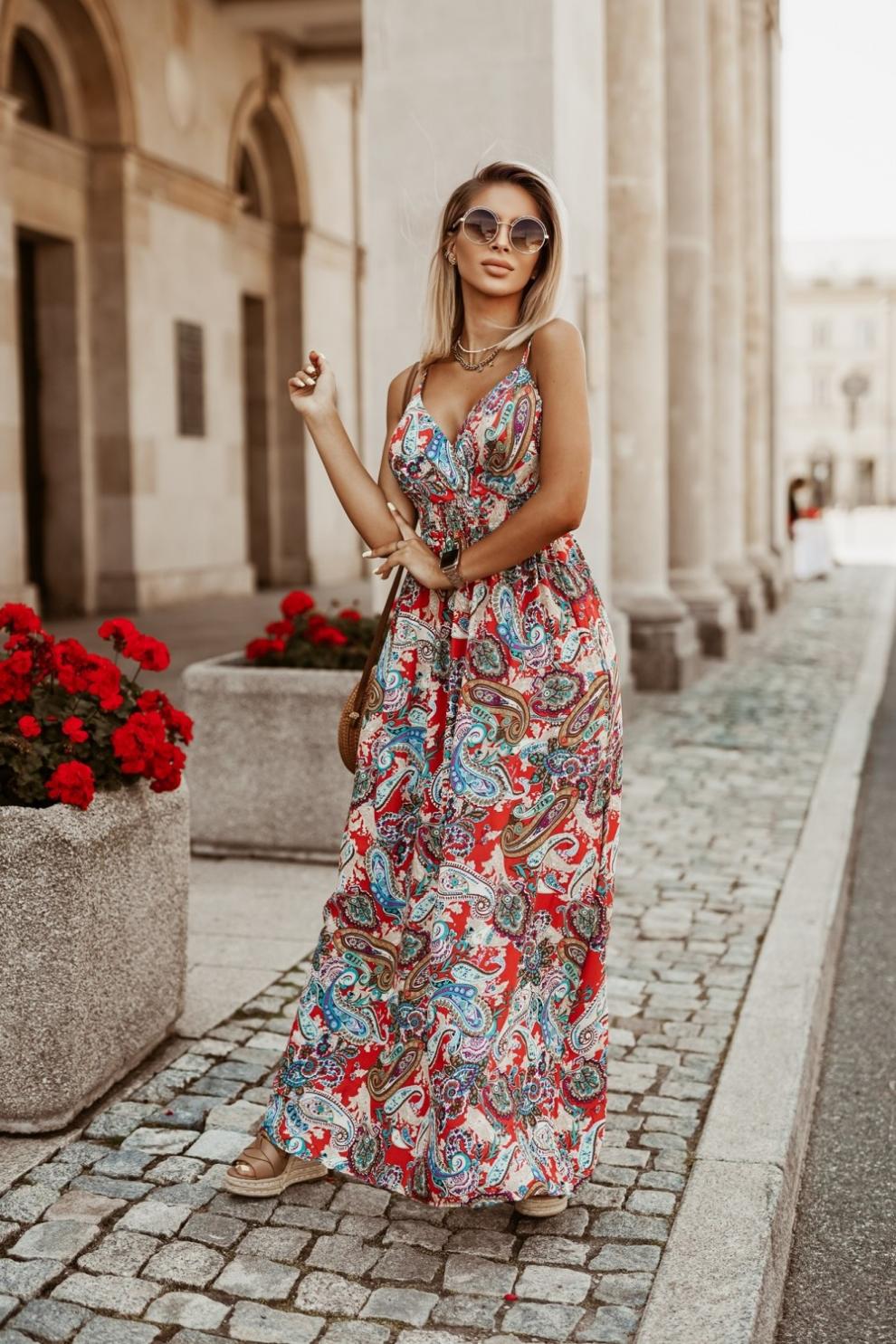 Womens Floral-print Strap Dress with Elastic Back Long Style