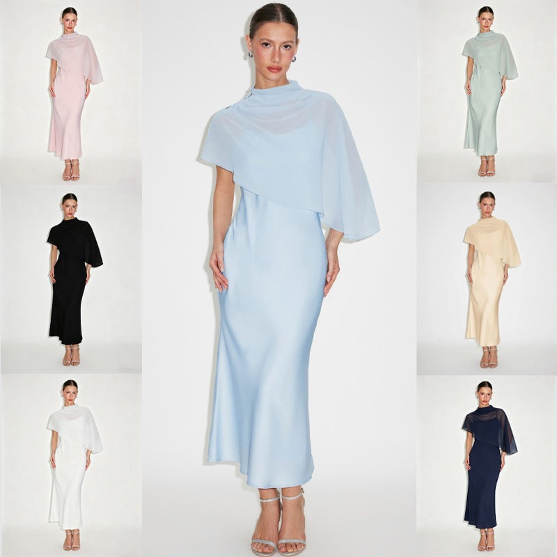 Light Luxury Style Cape Shoulder Dress for Women