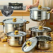 10/12/1pc Stainless Steel Cookware Set - Kitchen & Dining Essential For Induction Cooking, Stockpot, Ricotta Pot, Double Handle With Pot Lid, Suitable For Soup, Hotpot, Pasta, Seafood Soup, Rice Co...