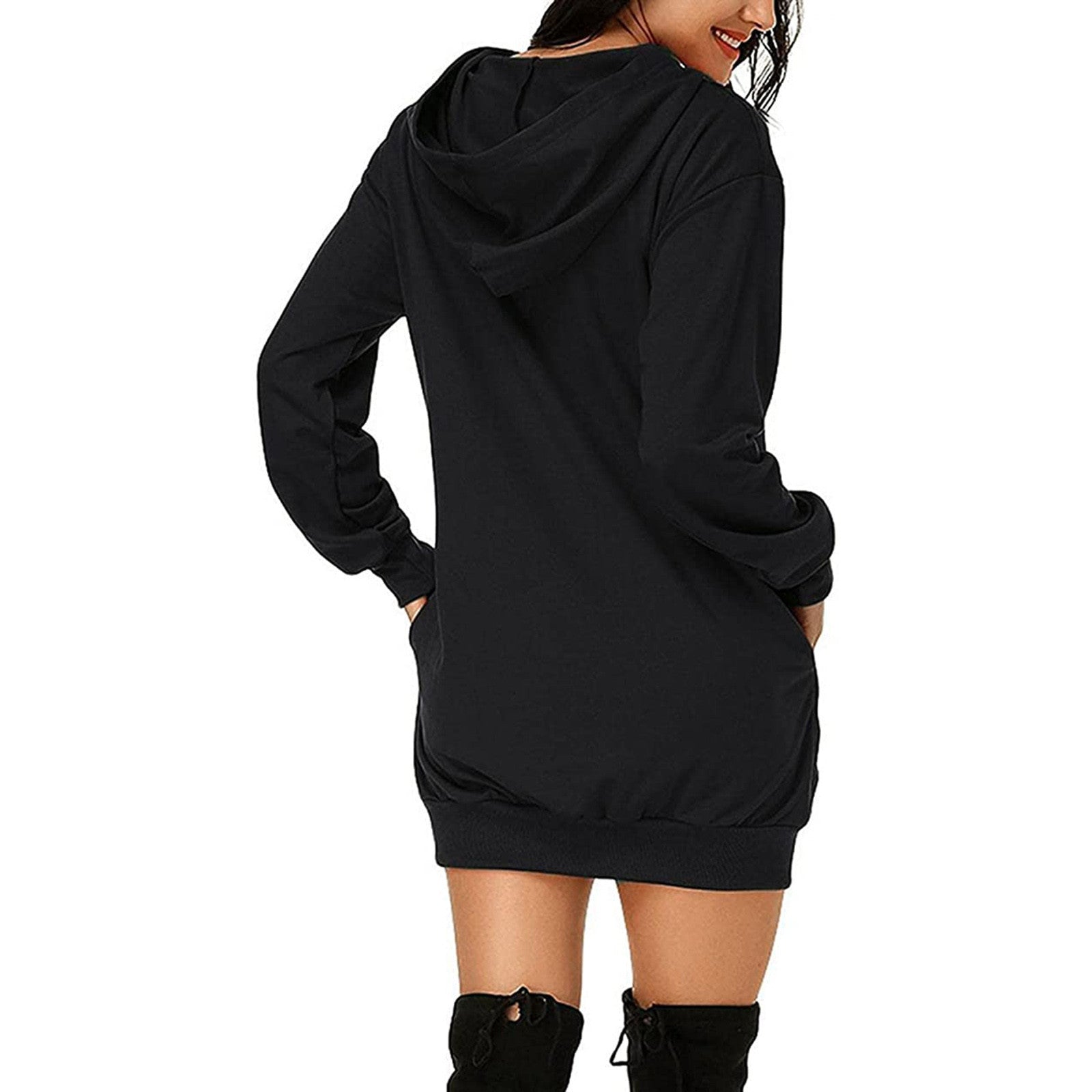 Women's Printed Mid-length Pocket Hooded Long Sleeve Sweater
