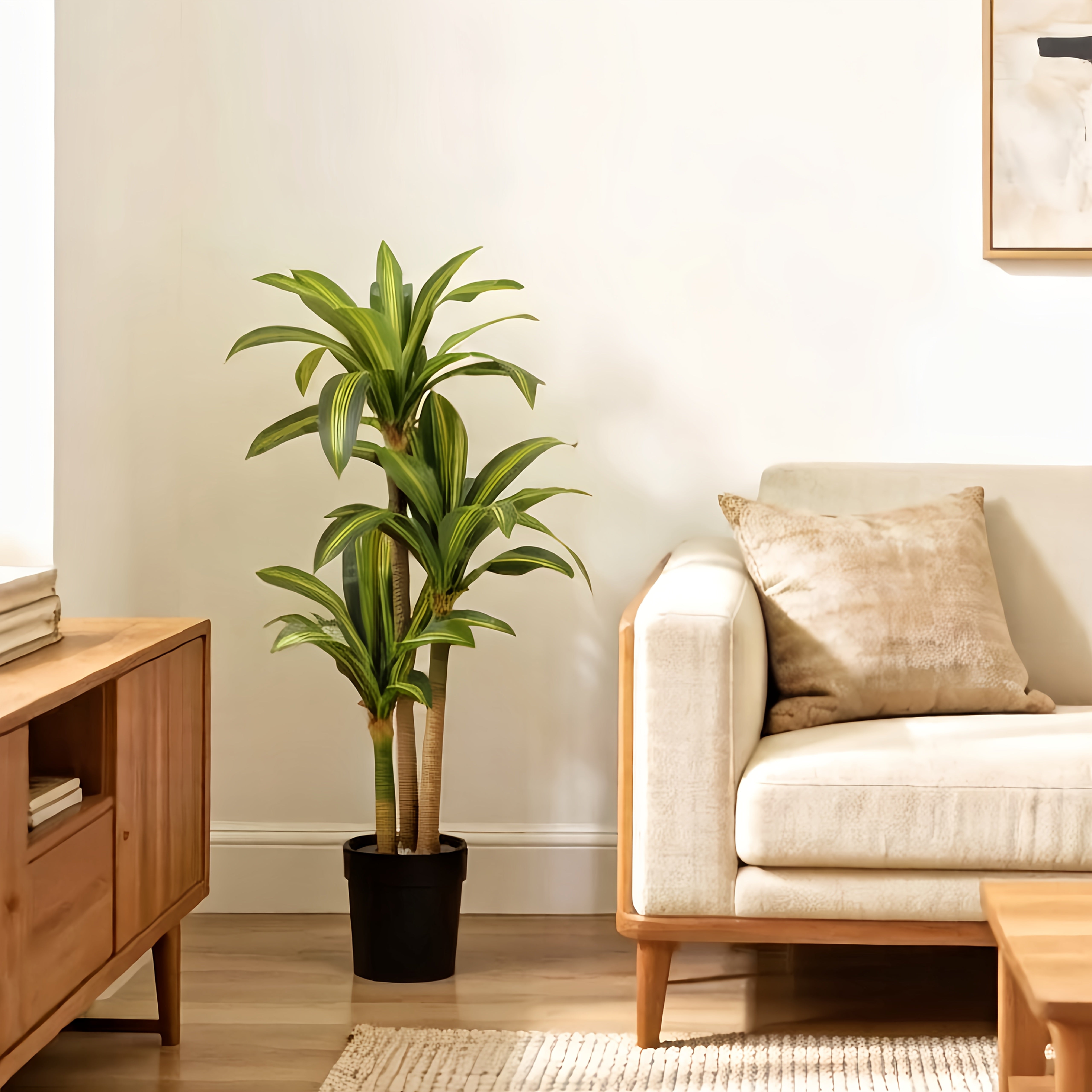 Artificial dracaena tree in white planter, 3-stalk design