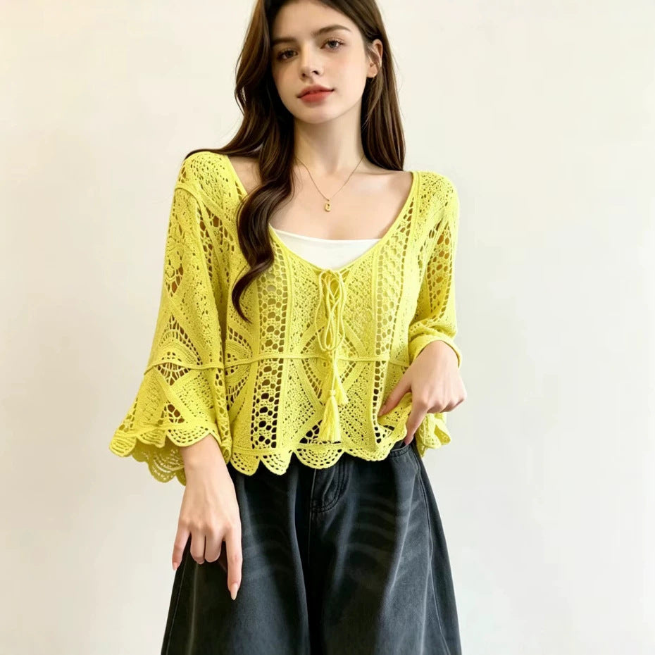 Bohemian Resort-style Crochet Hollow-out Knit Top Womens Solid-color Blouse
