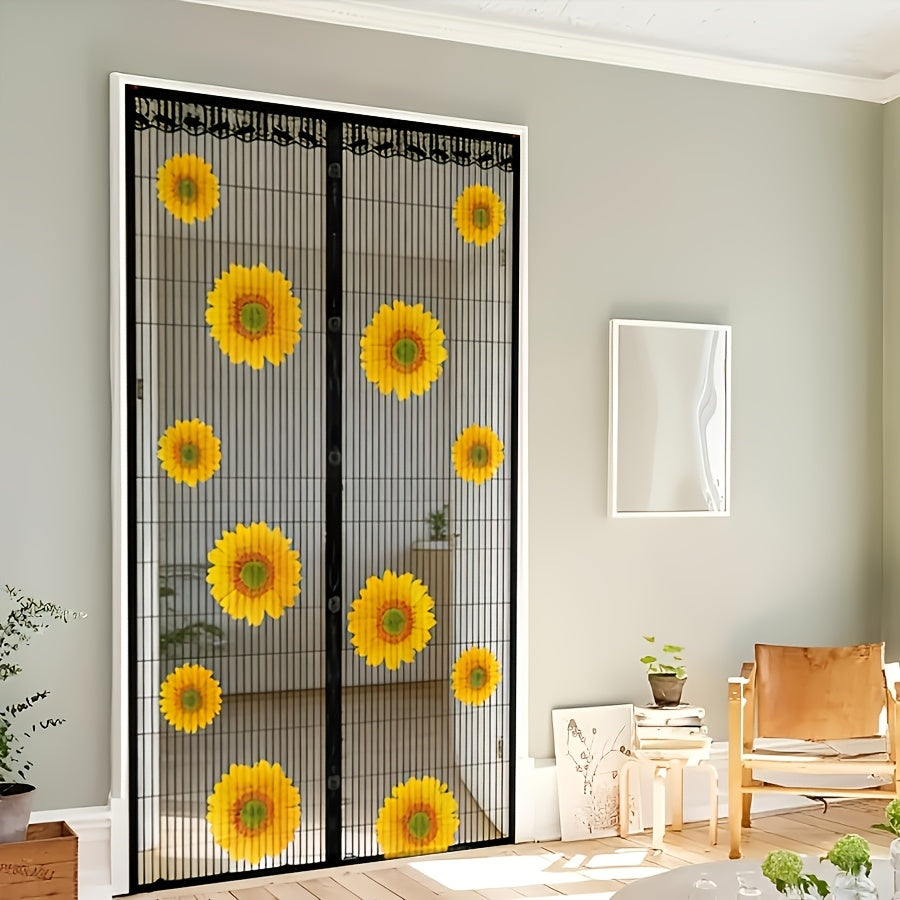 Magnetic Screen Door, Sunflower Print Mesh Curtain with Lace Edge, Hands-free Self-closing Insect Mosquito Net, Keep Bugs Out Pet Friendly, Fits Single Door for Home Patio Kitchen Doorway