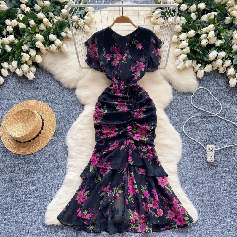 Fitted-waist Asymmetrical Floral Chiffon Mermaid Dress