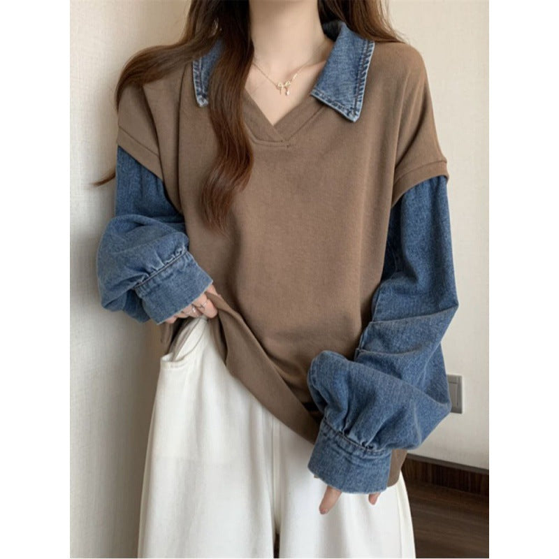 Plus Size Denim False Two-Piece Slimming Sweater