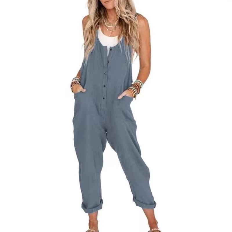 Women's Casual Loose Solid-Color Suspender Jumpsuit