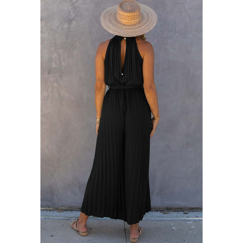 Off-Shoulder Halter Pleated Jumpsuit