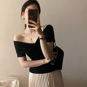 Retro Hong Kong Off‑Shoulder Short‑Sleeve Tee with Ruffle