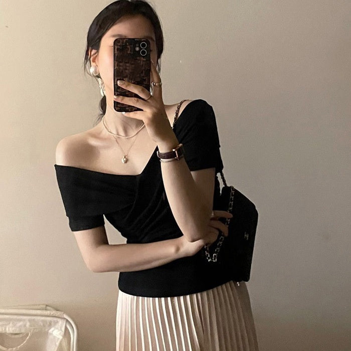 Retro Hong Kong Off‑Shoulder Short‑Sleeve Tee with Ruffle