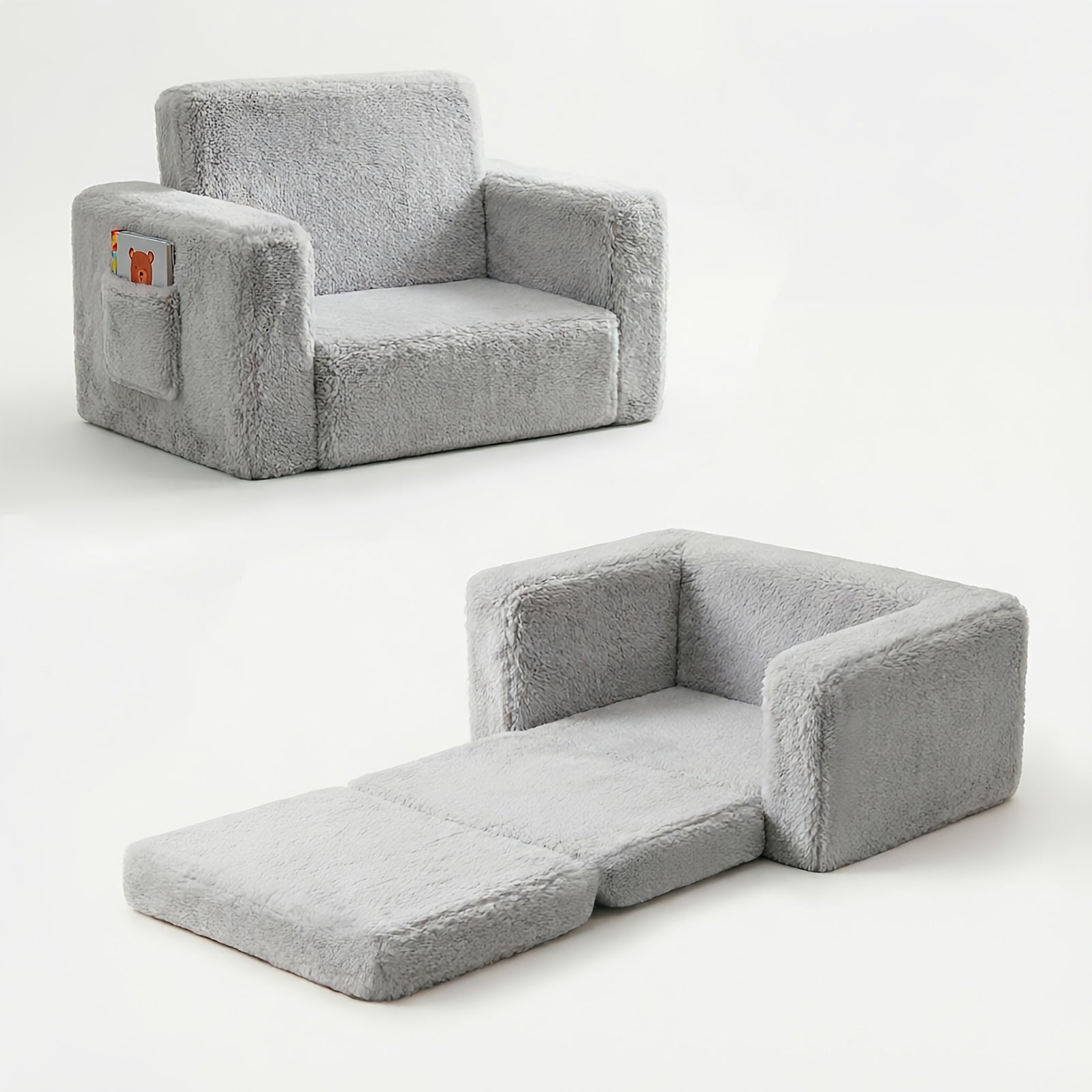Kids 2-in-1 Convertible Sofa Recliner with Storage Pocket – Soft Plush Velvet Upholstery, Gray Pink White