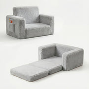 Kids 2-in-1 Convertible Sofa Recliner with Storage Pocket – Soft Plush Velvet Upholstery, Gray Pink White