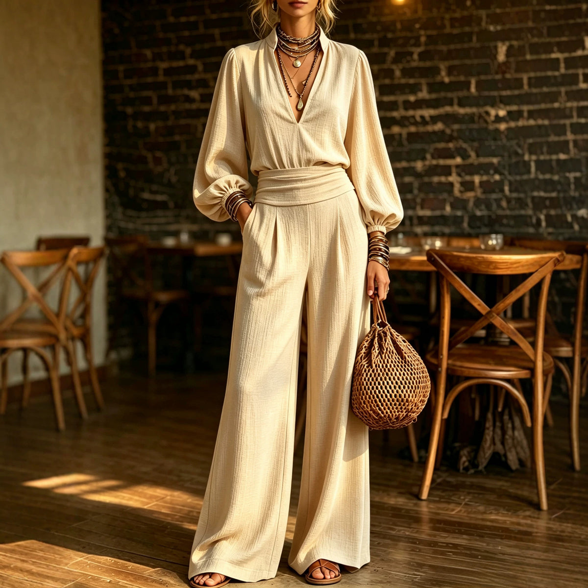 Elegant V-Neck Waist-Cinching Long-Sleeve Jumpsuit