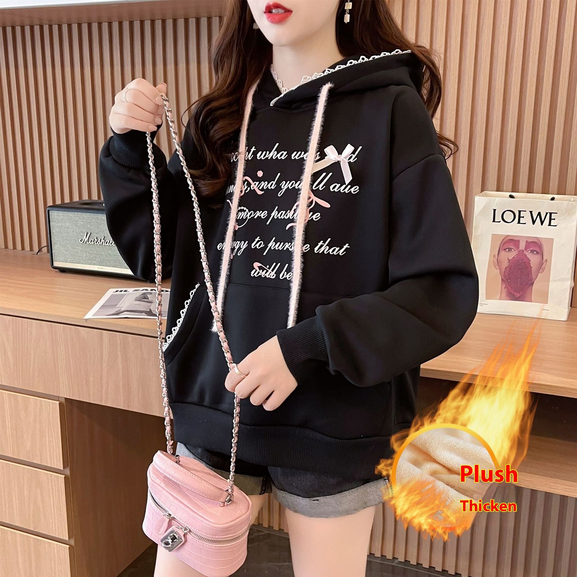 Women's Letter Print Long Sleeve Hooded Sweater