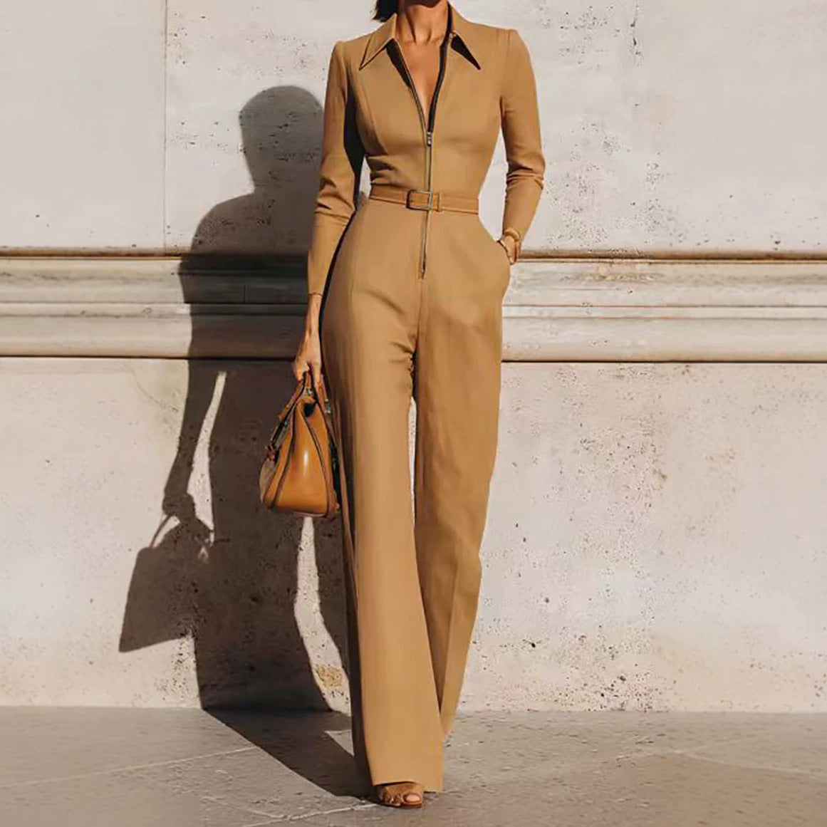 Women's V-Neck Belted Long-Sleeve Zip Jumpsuit