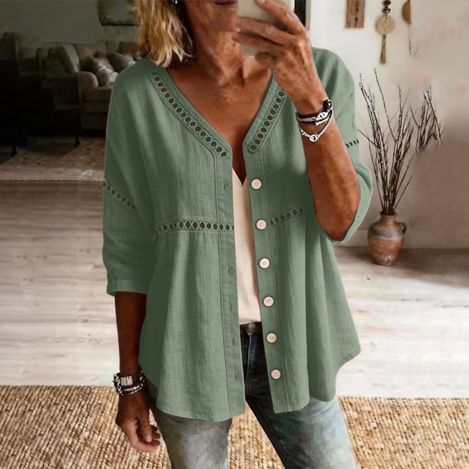 Cotton Linen Lace Trimmed Solid Color Cardigan Top