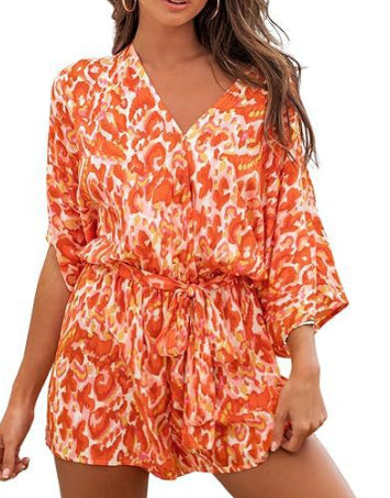 Women's V-Neck Lace-Up Batwing Jumpsuit