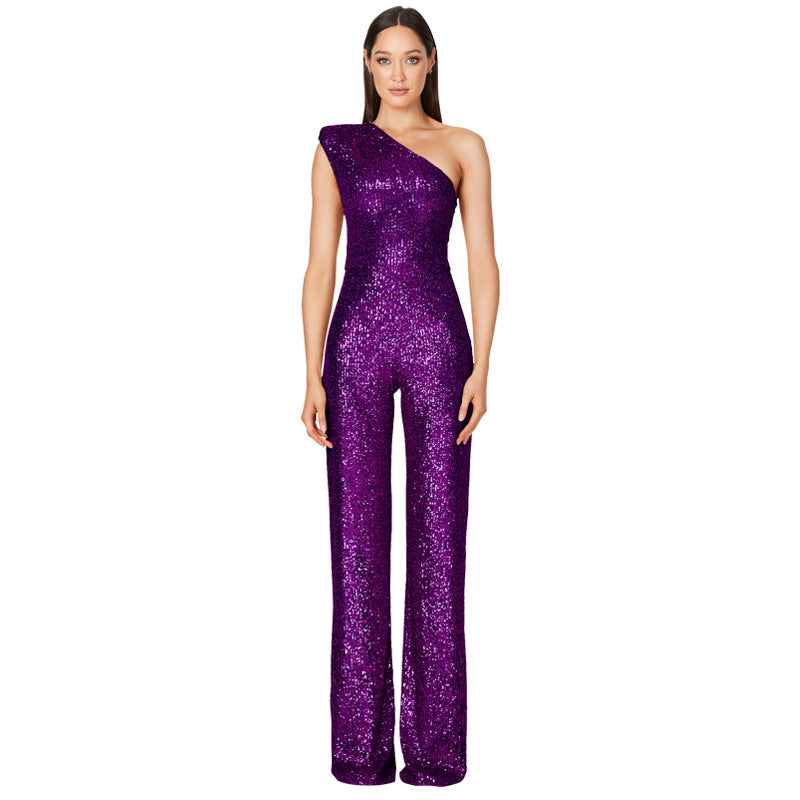 Glamorous One-Shoulder Sequined Wide-Leg Jumpsuit