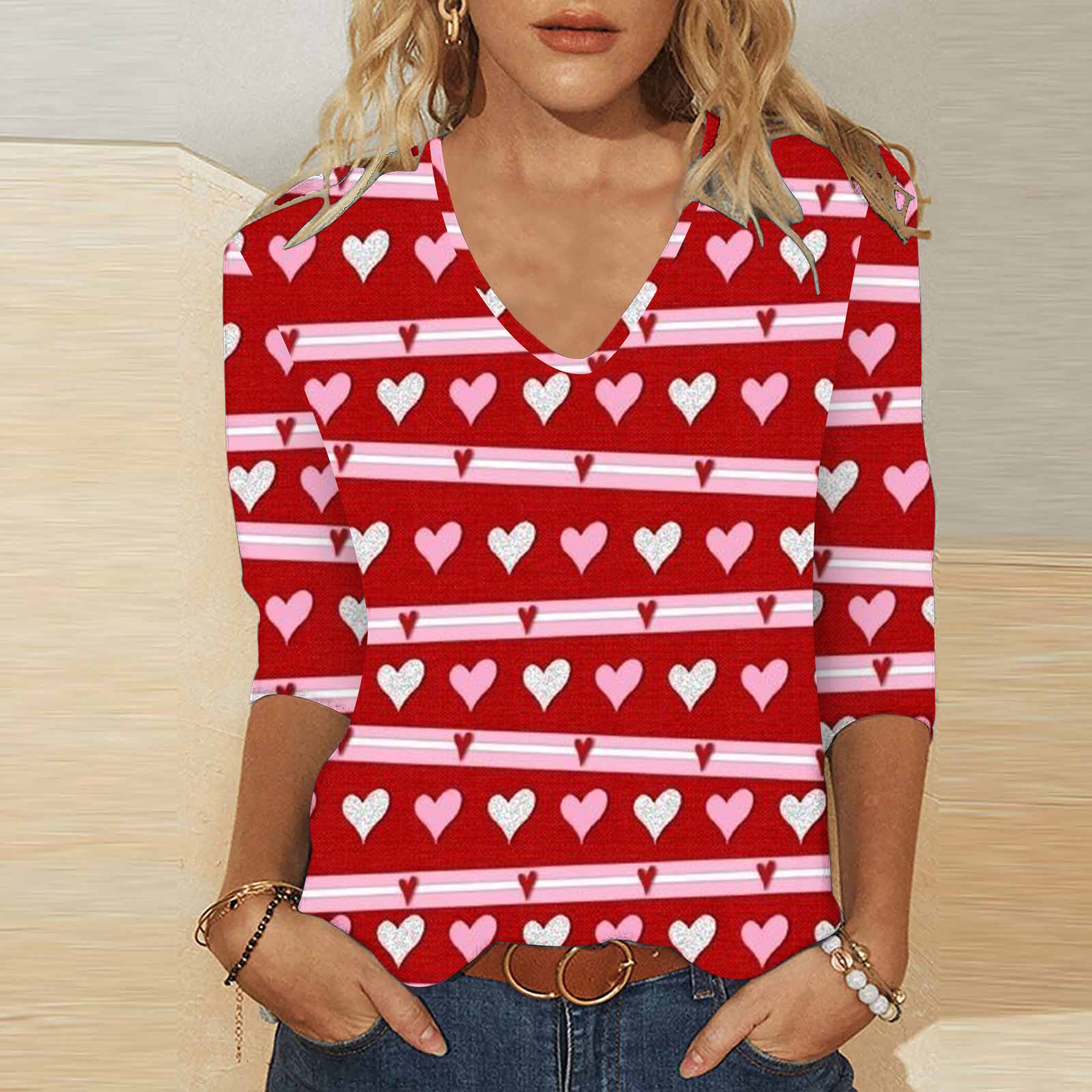 Cute Valentine's Heart V-Neck 3/4 Sleeve Casual T-Shirt