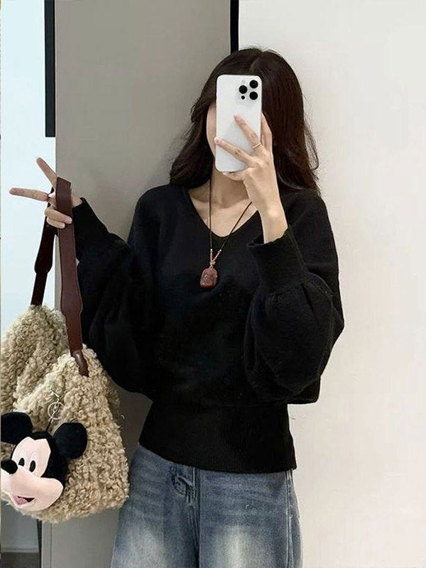 Lazy Style V-neck Batwing Sleeve Knitwear Women's Autumn and Winter