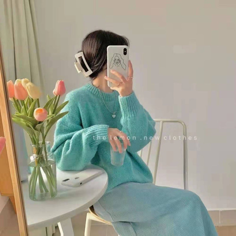 Solid-color Knitted Pullover Sweater for Women Korean Style Autumn Winter