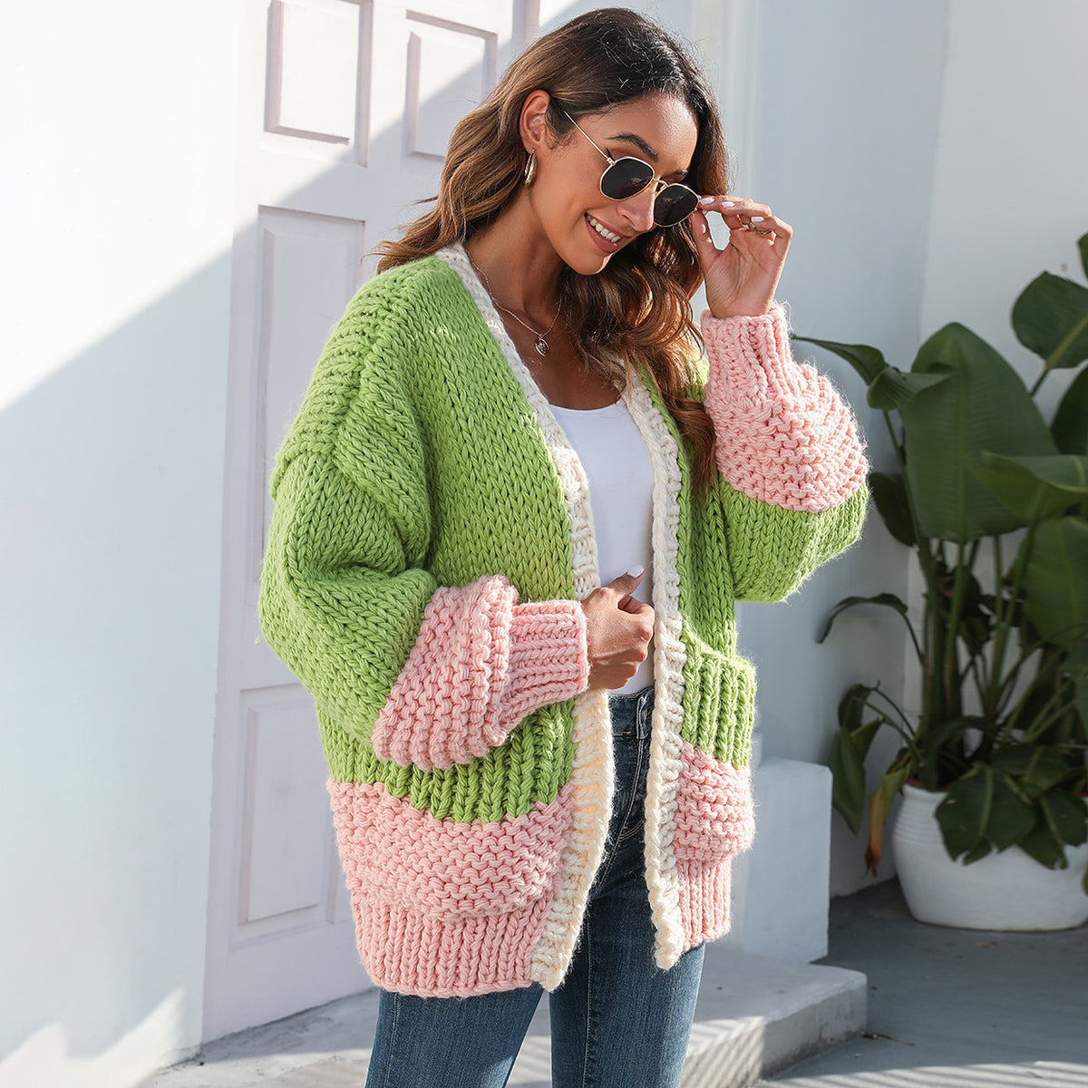 Thick Sweater Idle Style Contrast Color Knitted Cardigan for Women