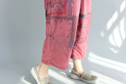 Printed Distressed Cropped Stitching Denim Suspender Pants