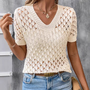 Womens Fashionable Hollow-Out Plus-Size Short-Sleeve Knitted Top
