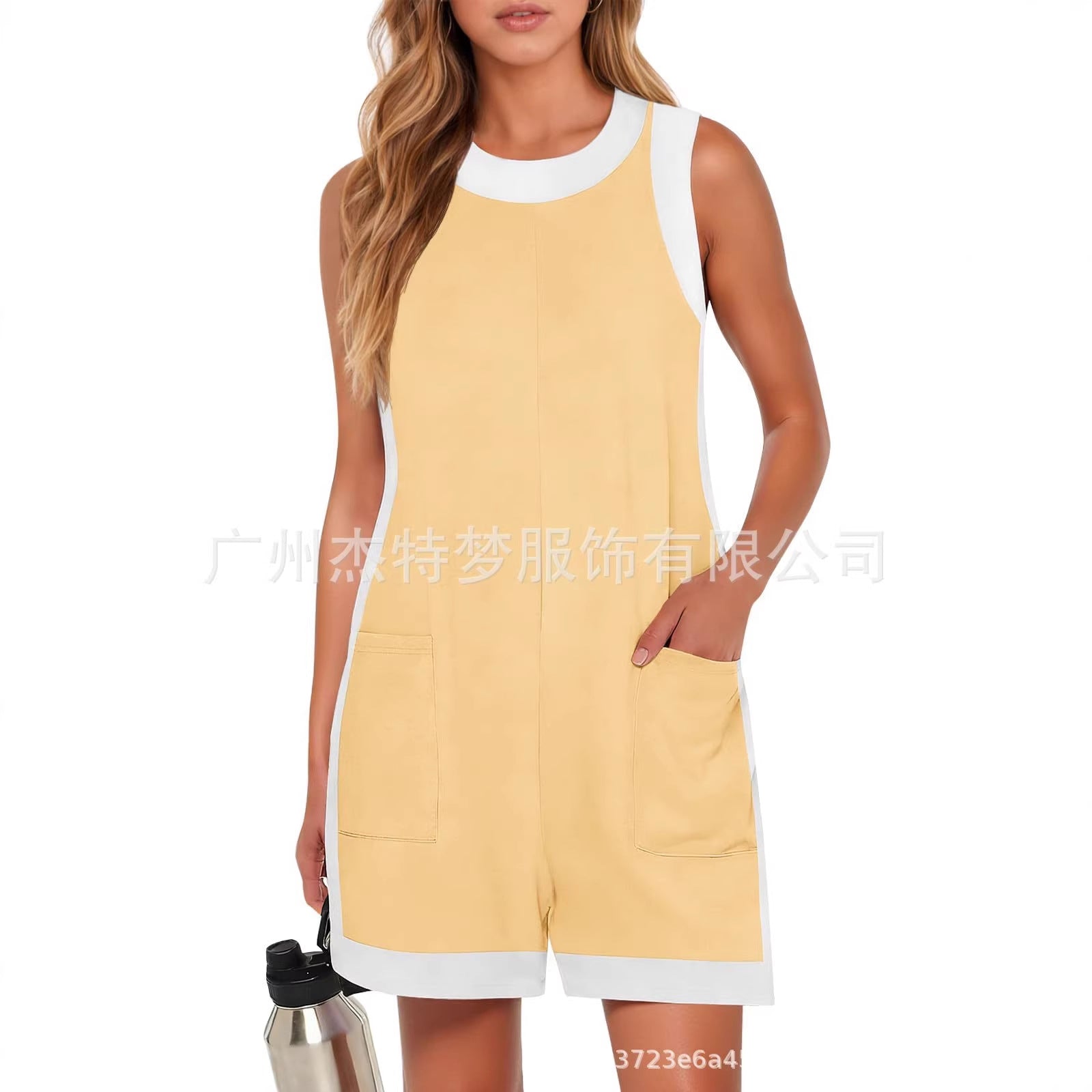 Womens Round-Neck Color-Block Pocketed Vest Jumpsuit With Shorts