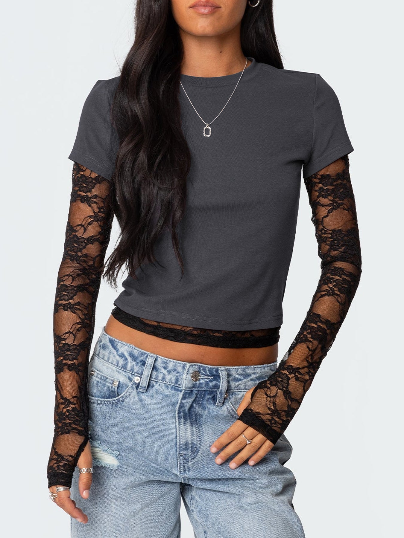 Sexy Women's Fake Two-piece Long Sleeve Crew Neck T-shirt