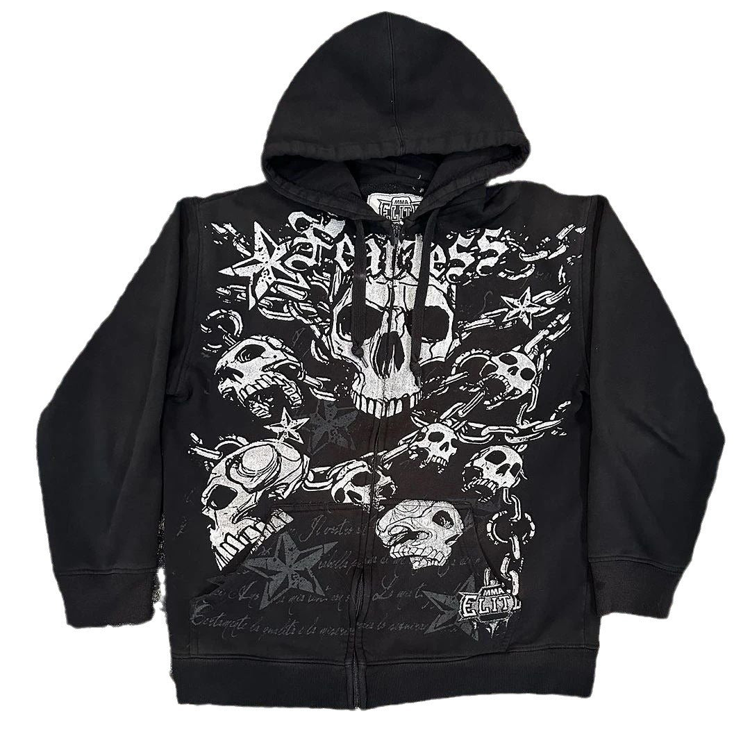 Punk Skull Print Loose Zip Hoodie Gothic Streetwear Sweatshirt