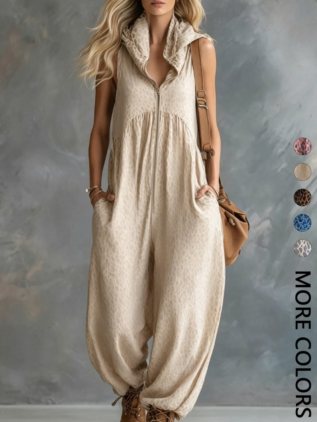 Fashionable Casual Urban Apricot Leopard-Print Hooded Chiffon Jumpsuit