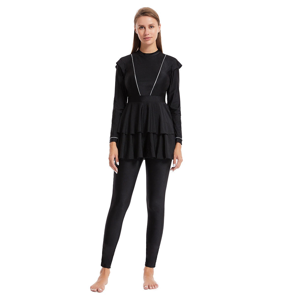Modest Striped Three-Piece Conservative Swimsuit
