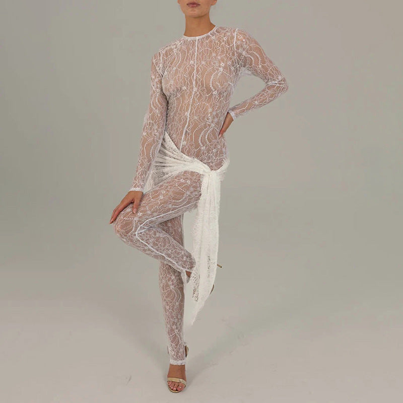 Chic Lace-Up Mesh Sheer Jumpsuit