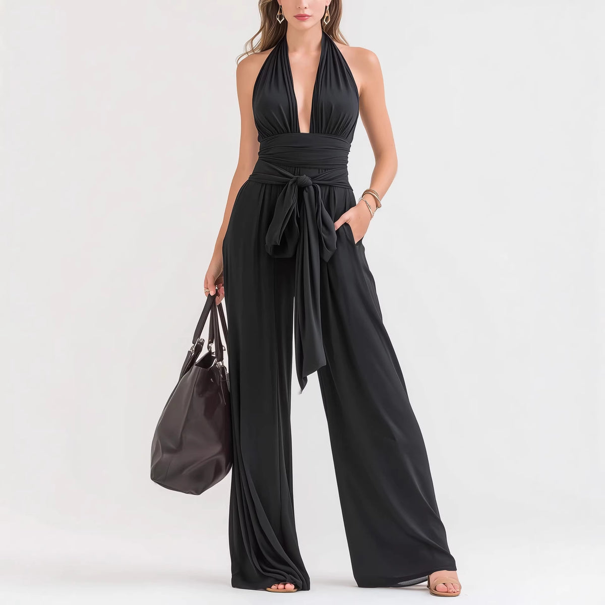 Halter-Neck V-Neck Solid Jumpsuit