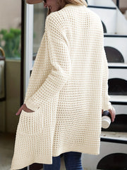 Plus Size Boho Women Hollow Open Knit Long Cardigan Oversized Lantern Sleeve Solid Color Block Pocket Duster Coat