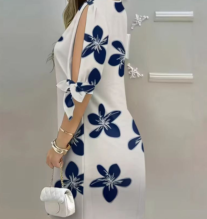 Elegant Style Floral Print Sleeveless Dress with Tie-up Straps