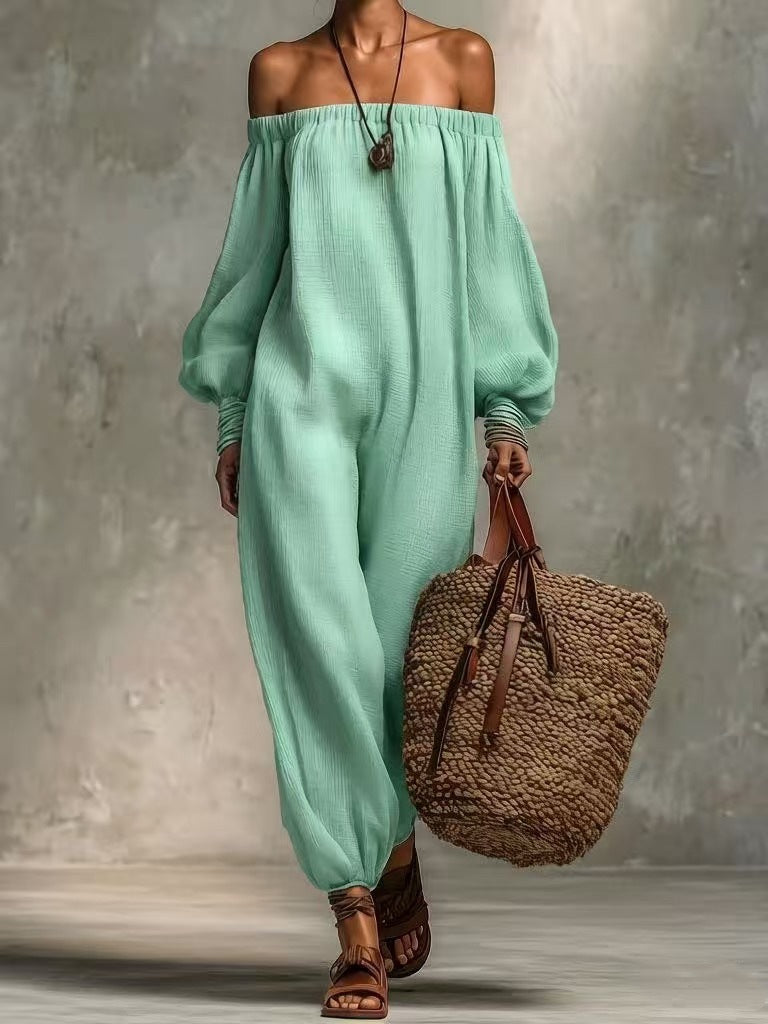 Summer Solid Colored Cotton Linen Off Shoulder Jumpsuit Harem Pants