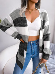 Women Color Block Stripe Lantern Sleeve Casual Cardigan Sweater Coat