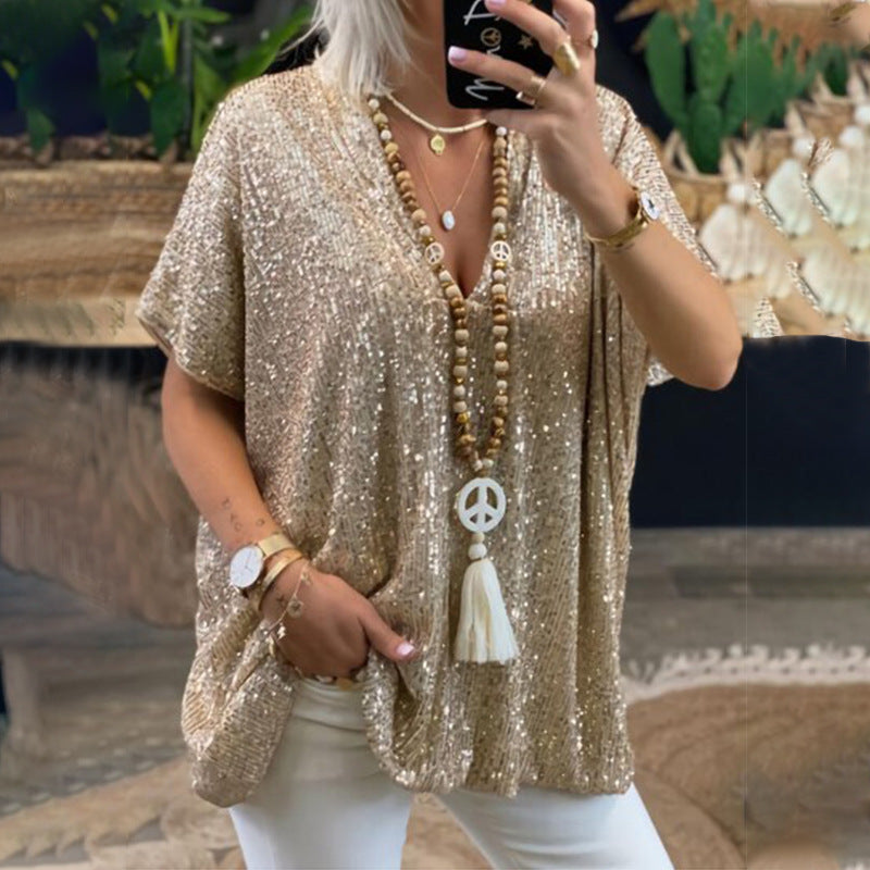 Women's Sequined V-Neck Loose Pullover Top